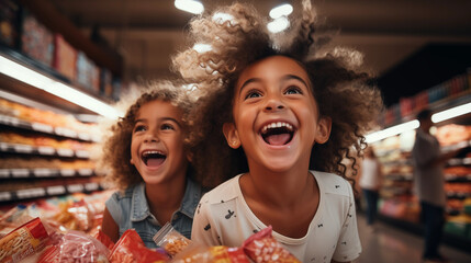 two girls at the grocery store smiling.girls shopping at the store