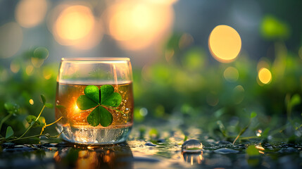 Golden Hued Whiskey Glass With Clover Leaf on a Wet Surface at Dusk