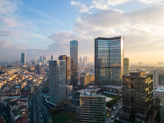 Istanbul's glass and concrete skyscrapers, home to offices, hotels, and residential complexes. Aerial drone view