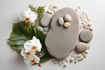 Poster - Symbolic objects for spa salon with stone therapy attributes. Conceptual image representing balance using rocks and flowers. Close up, copy space, top view.