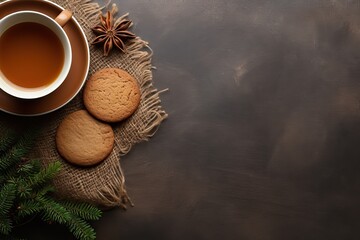 Canvas Print - Festive table with gingerbread, cookies, tea or coffee, New Year party gift, rustic food background.