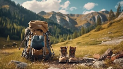 Binocular with map paper and hiker hat and backpack on top of rock mountain at sunset