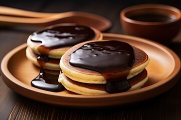 Sticker - Japanese sweet snack with chocolate paste inside, served on a wooden table.