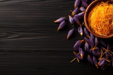 Poster - Saffron dried in bowl, crocus flowers on wooden table, flat lay. Room for text.