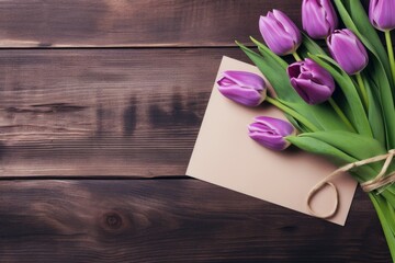 Sticker - Purple tulips and a card on a weathered wooden backdrop.