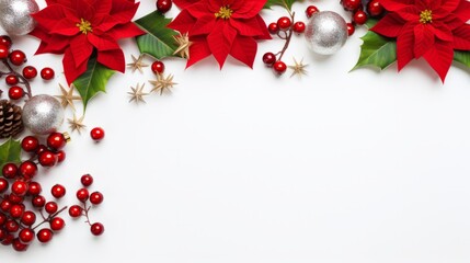 Wall Mural - Christmas decoration. Frame of flowers of red poinsettia, branch christmas tree, ball, red berry on a white background with space for text. Top view, flat lay isolated on white background,realis