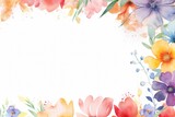 Fototapeta  - Spring may flower banner with watercolor painted frame of decorative ornament blossom patterns over white background symbolized beauty femininity mockup, may, colorful mother's day copy space for text