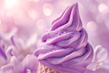 Blueberry Ice Cream With Mint In Waffle Cone. Close-up. Purple Ice Cream. Purple Ice Cream In A Cup. Ice Cream Cone With Pink, Blue And Purple Ice Cream. Various Of Ice Cream Flavor. Summer And Sweet 