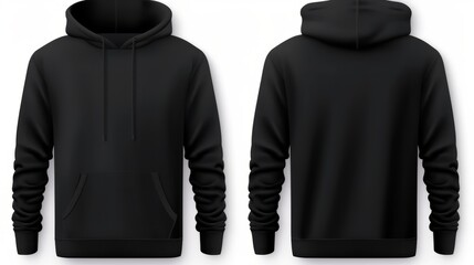 Template blank flat Black hoodie. Hoodie sweatshirt with long sleeve flatlay mockup for design and print. Hoody front and back top view isolated on white background isolated on white background,