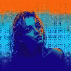 Minimalist style, duotone, orange and blue gradient. Chromatic portrait of a woman merged against a dotted background,apparition underwater effect. Abstract and contemporary digital art.Beauty concept