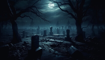 Sticker - Spooky night, foggy tombstone, mystery in dark forest, ghost silhouette generated by AI