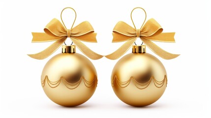 Wall Mural - Christmas balls isolated on white background. Two gold christmas ornaments with ribbon isolated on white background,