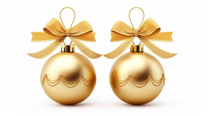 Poster - Christmas balls isolated on white background. Two gold christmas ornaments with ribbon isolated on white background,