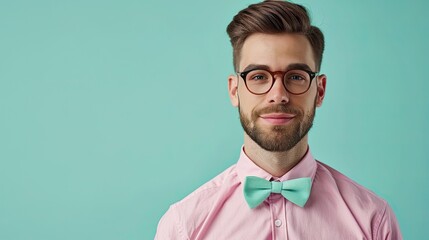 Sticker - Smiling dressmaker in funny suit poses cheerful on green background.