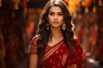 a beautiful young woman wearing red color pretty chikankari saree