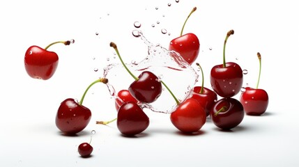 Wall Mural - Whole and sliced fresh cherries in the air, isolated on a white background isolated on white background,