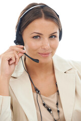 Business woman, portrait and headphones in call center for telemarketing or customer service on a white studio background. Face of female person or consultant agent smile with headset for online help