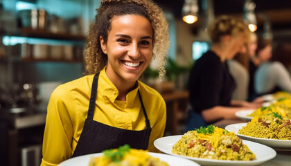 Sticker - Smiling adult women serving food, cheerful females indoors, looking at camera generated by AI