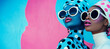 Banner Retro 1980s Woman in Colorful Neon Clothes with Sunglasses. Fashion retro futuristic woman wearing sunglasses. Futuristic pop art fashion girl with geometric pattern background. Fashion retro f