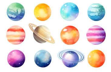 Wall Mural - Hand drawn colorful watercolor space set of planet isolated on transparent background	
