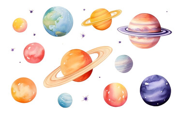 Wall Mural - Hand drawn colorful watercolor space set of planet isolated on transparent background	
