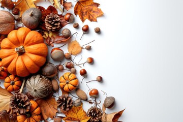 Wall Mural - A collection of pumpkins, nuts, and leaves arranged on a white surface. This versatile image can be used in various autumn-themed projects