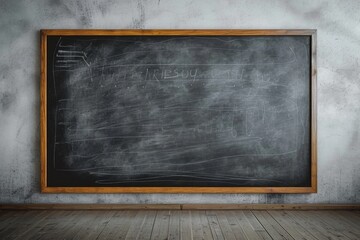 Poster - A blackboard hanging on the wall in a room with a wooden floor. Suitable for educational, business, or creative concepts