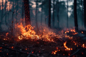 Poster - A picture of a fire burning in the middle of a forest. Suitable for illustrating forest fires or the destructive power of nature