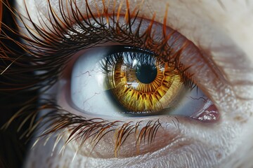 Poster - A close up view of a person's eye with beautifully long eyelashes. This image can be used to represent beauty, makeup, or eye care