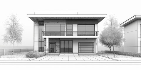 Poster - A black and white photo showcasing a modern house. Perfect for real estate websites or architectural publications