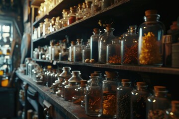 Poster - A shelf filled with numerous glass jars. Ideal for storing various items.