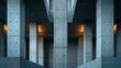Symmetrical view of modern architecture with concrete pillars and warm lighting.