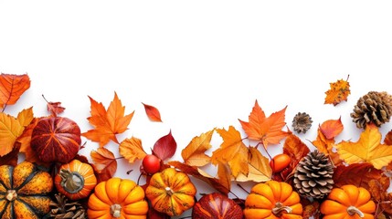 Wall Mural - A collection of pumpkins, pine cones, and autumn leaves. Perfect for autumn-themed decorations