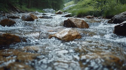 Poster - A picturesque scene of a stream running through a vibrant and lush green forest. Perfect for nature enthusiasts and those seeking tranquility in natural landscapes