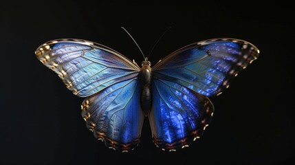 Poster - A beautiful blue and black butterfly captured on a black background. Perfect for nature enthusiasts and those looking to add a touch of elegance to their designs