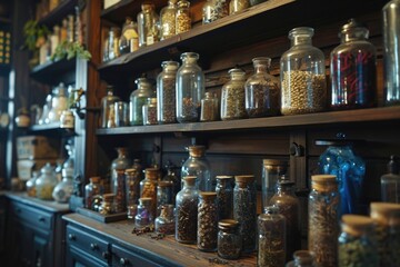 Poster - A shelf filled with numerous glass jars. Perfect for organizing and storing various items. Ideal for home organization projects and kitchen decor
