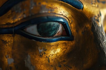 Poster - A close-up view of a gold statue featuring a captivating green eye. This image can be used to add a touch of elegance and mystery to various projects