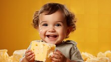 A Sweet Tiny Infant On A Yellow Backdrop Consuming A Slice Of Salty Cheese, Generative AI.