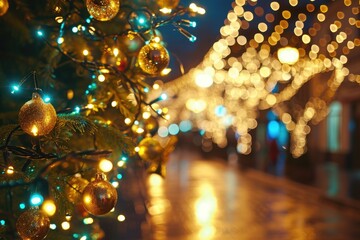 Poster - A vibrant street adorned with colorful Christmas lights and festive ornaments. Perfect for adding a touch of holiday cheer to your designs and projects