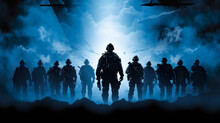 silhouette of military army platoon with weapon, infantry and commando team, special forces soldiers