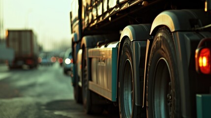 a large truck is seen driving down a street next to a traffic light. this image can be used to depic