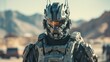 futuristic soldier in protective suit and with modern rifle at battlefield, sci fi military army man