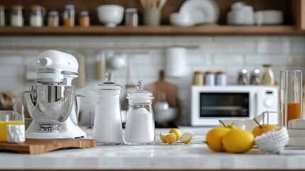 Poster - A kitchen counter with a blender and fresh oranges. Perfect for food and beverage-related projects