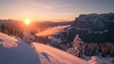 Fototapeta Most - A picturesque view of the sun setting over a snow-covered mountain. Perfect for nature and landscape photography.