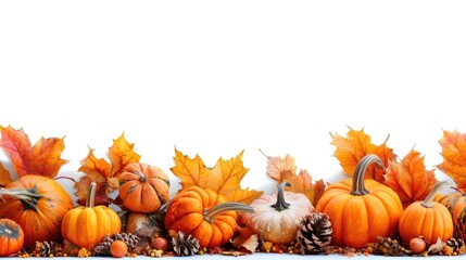 Poster - Group of pumpkins and pine cones arranged on a table. Perfect for autumn-themed decorations or Thanksgiving displays