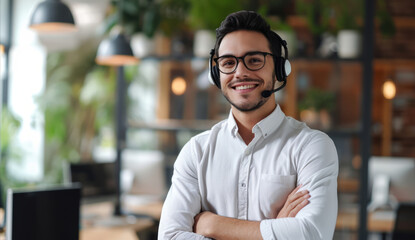 Portrait, call center and man consulting with headphones for customer service, help or telemarketing. Happy, confident and consultant agent talking with headset for support, sales or online advice