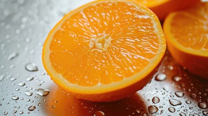 Poster - A close-up view of an orange cut in half. This image can be used in various contexts, such as food, healthy eating, recipes, or vitamin C