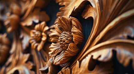 Poster - A detailed close-up of a wooden carving featuring a beautiful flower. This image can be used for various purposes, such as decoration, crafts, or showcasing traditional artistry