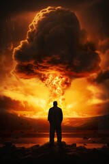Wall Mural - people looking at mushroom of nuclear explosion, atomic war and apocalypse concept, world in flame