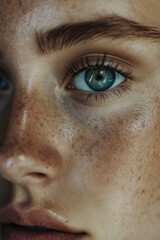 Wall Mural - Close up of a woman's face with freckles. Suitable for beauty and skincare concepts